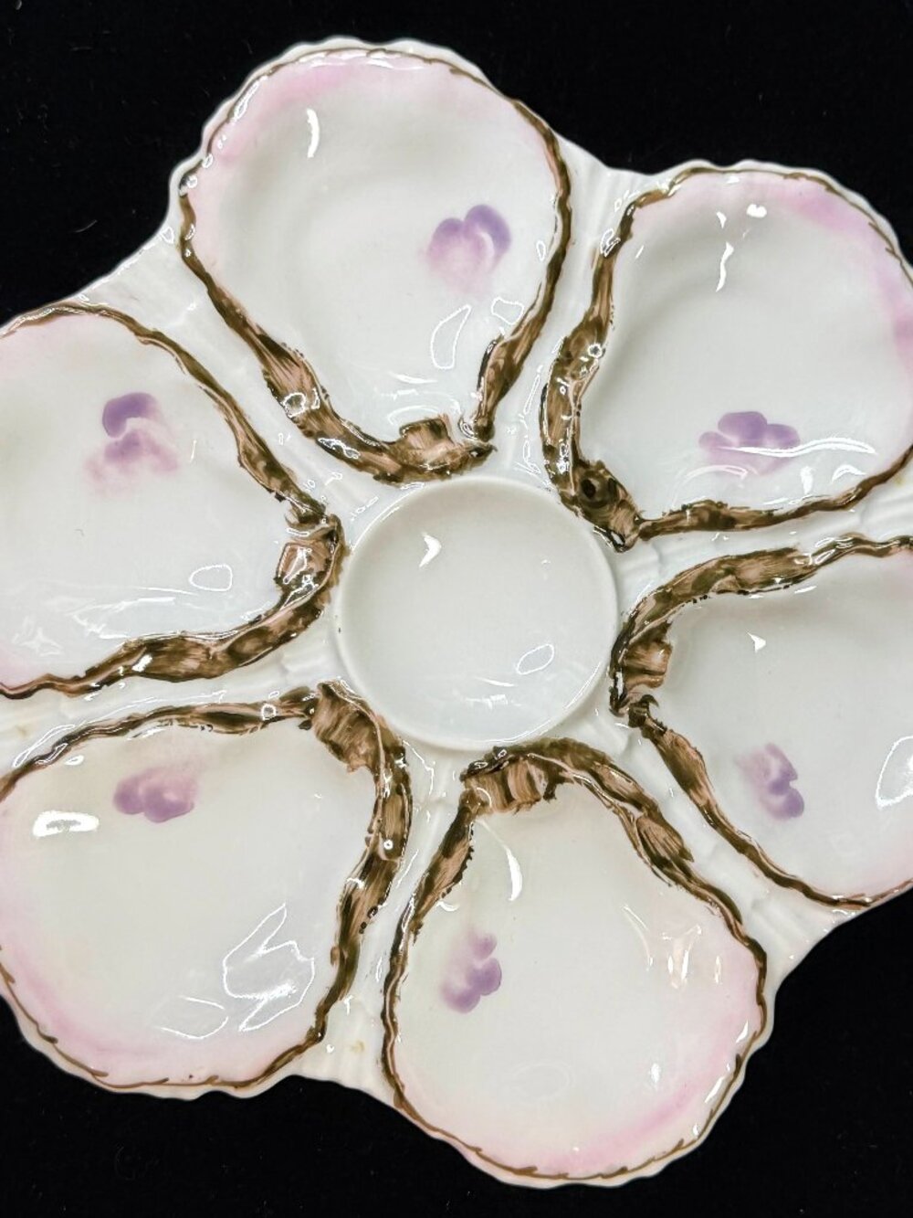 Antique Haviland Limoges 6-Well Oyster Plate Pink & Purple Floral A1243